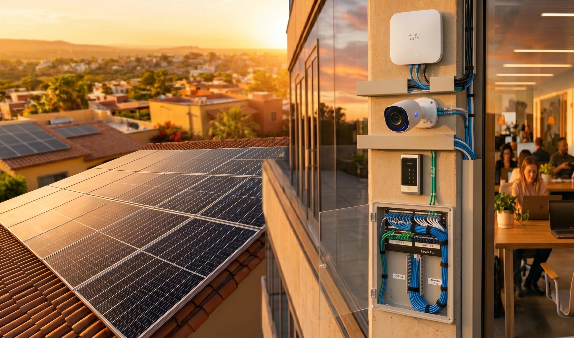 Instalación tecnológica de MonTech: energía solar, cámaras y red al atardecer