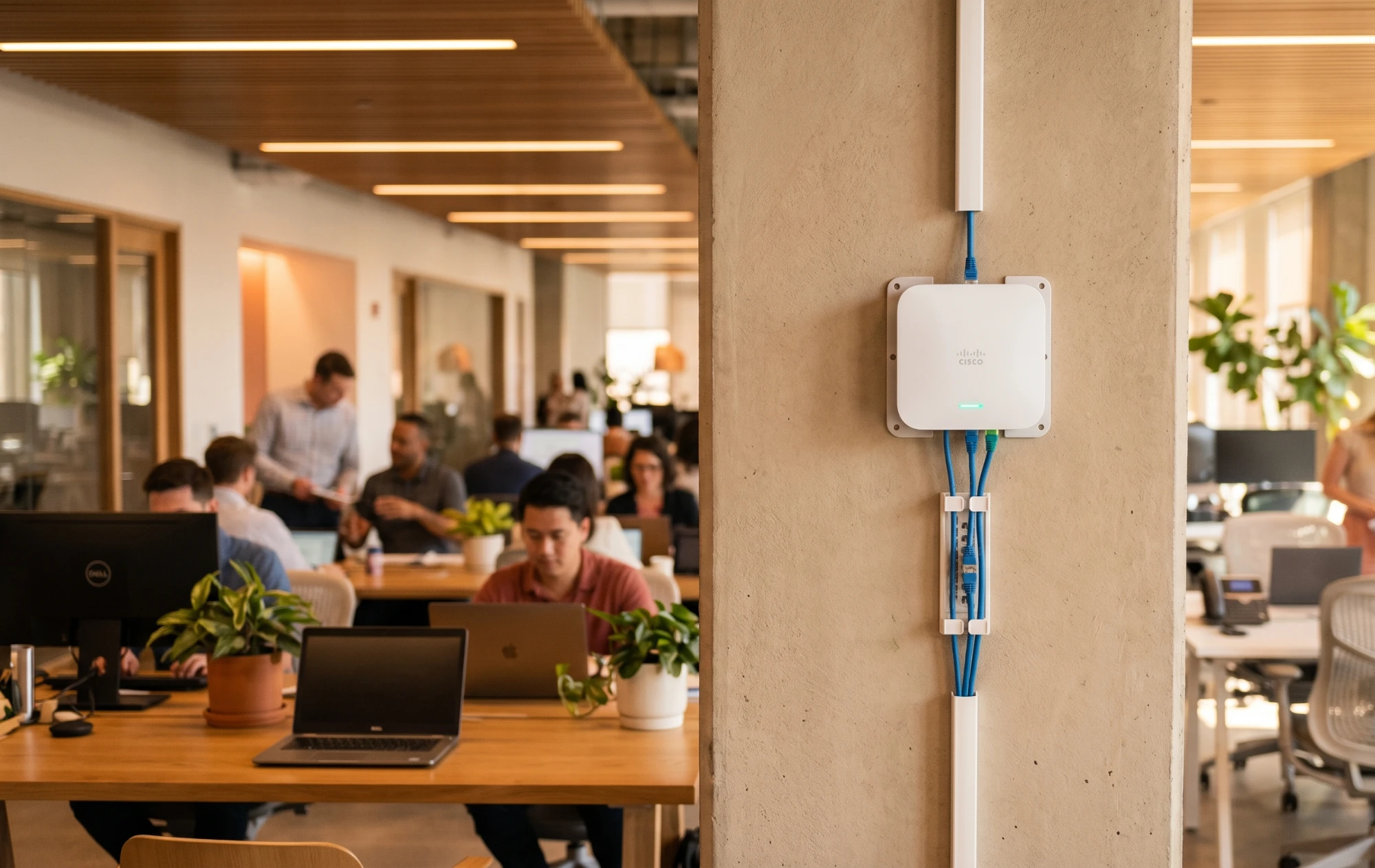 Access point WiFi profesional instalado por MonTech en una oficina