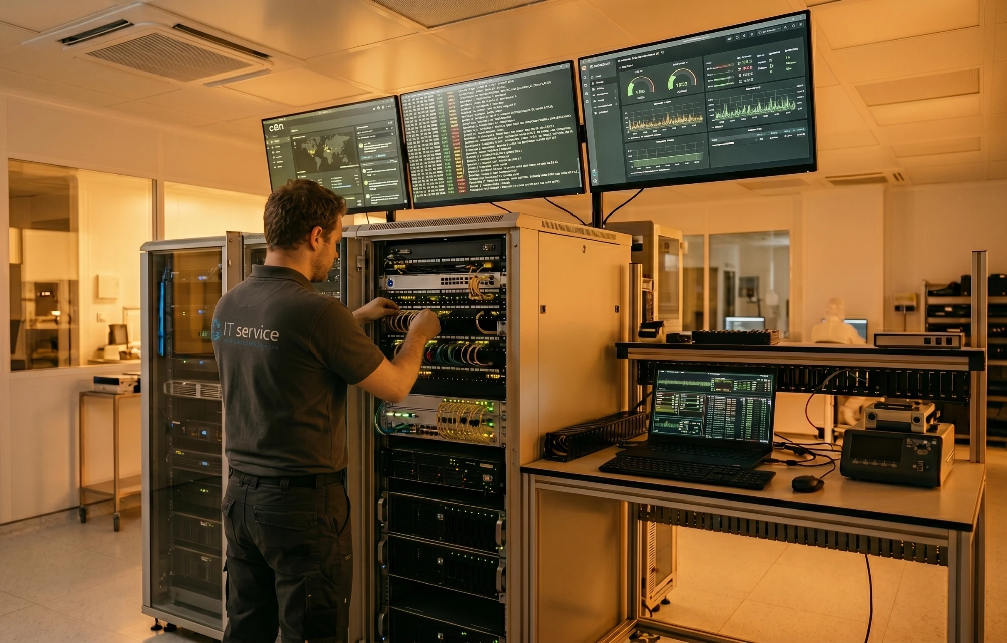 Técnico de MonTech trabajando en un rack de servidores