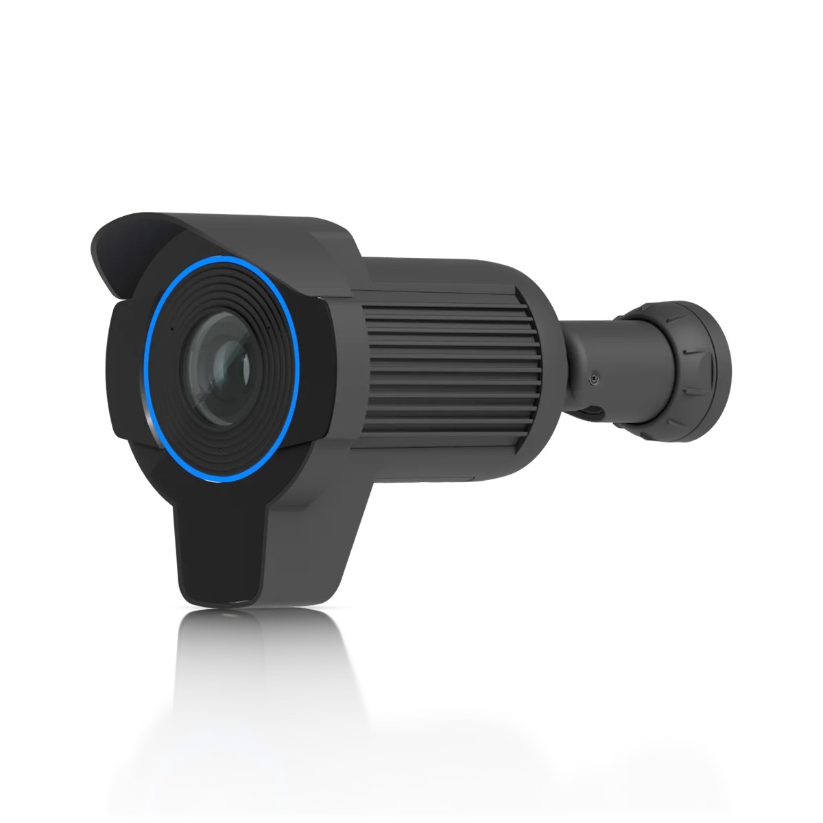 Cámara UniFi AI LPR: bullet con visera, lente telefoto y aro LED azul