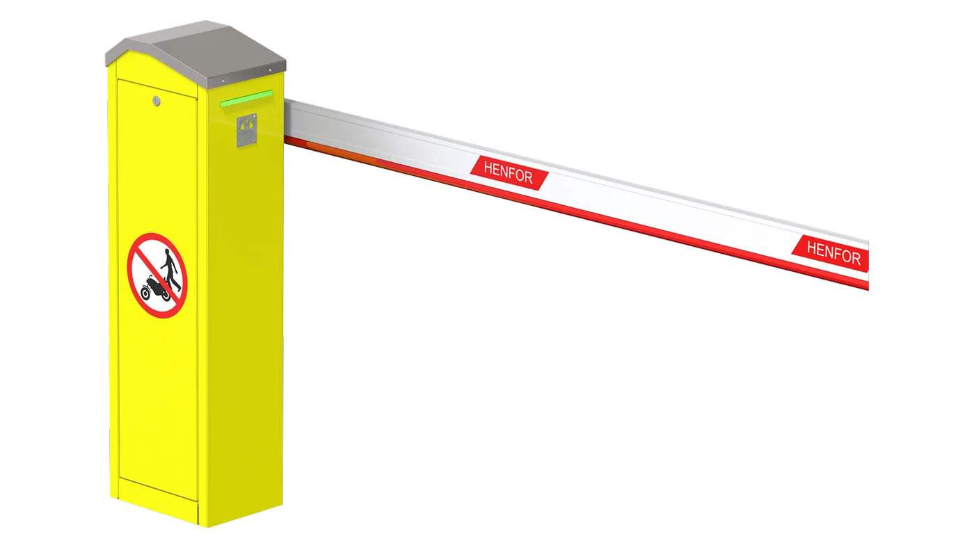 Barrera vehicular Henfor de apertura y cierre eléctrico, brazo con franjas reflectivas