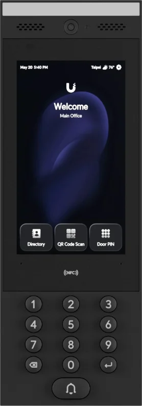 Intercom de acceso con pantalla táctil, teclado numérico y lector NFC